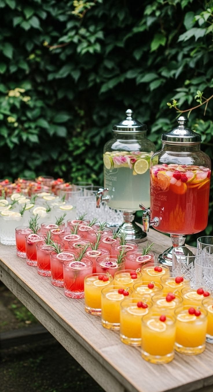 A drink station with dispensers and garnished glasses