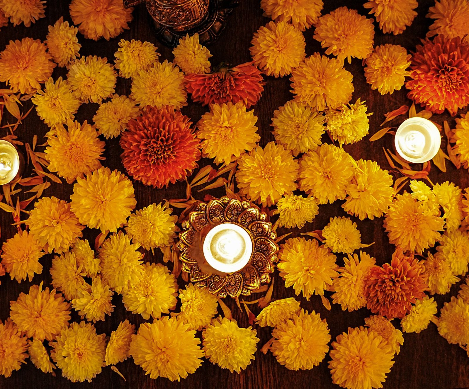 Marigolds and diyas