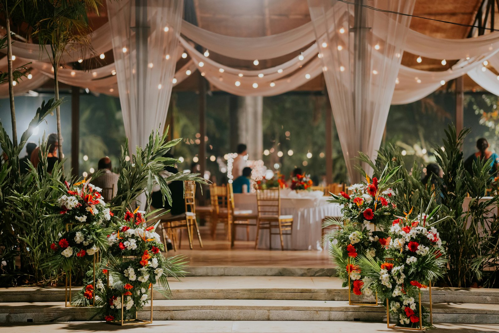 Wedding reception dinner under draped lights