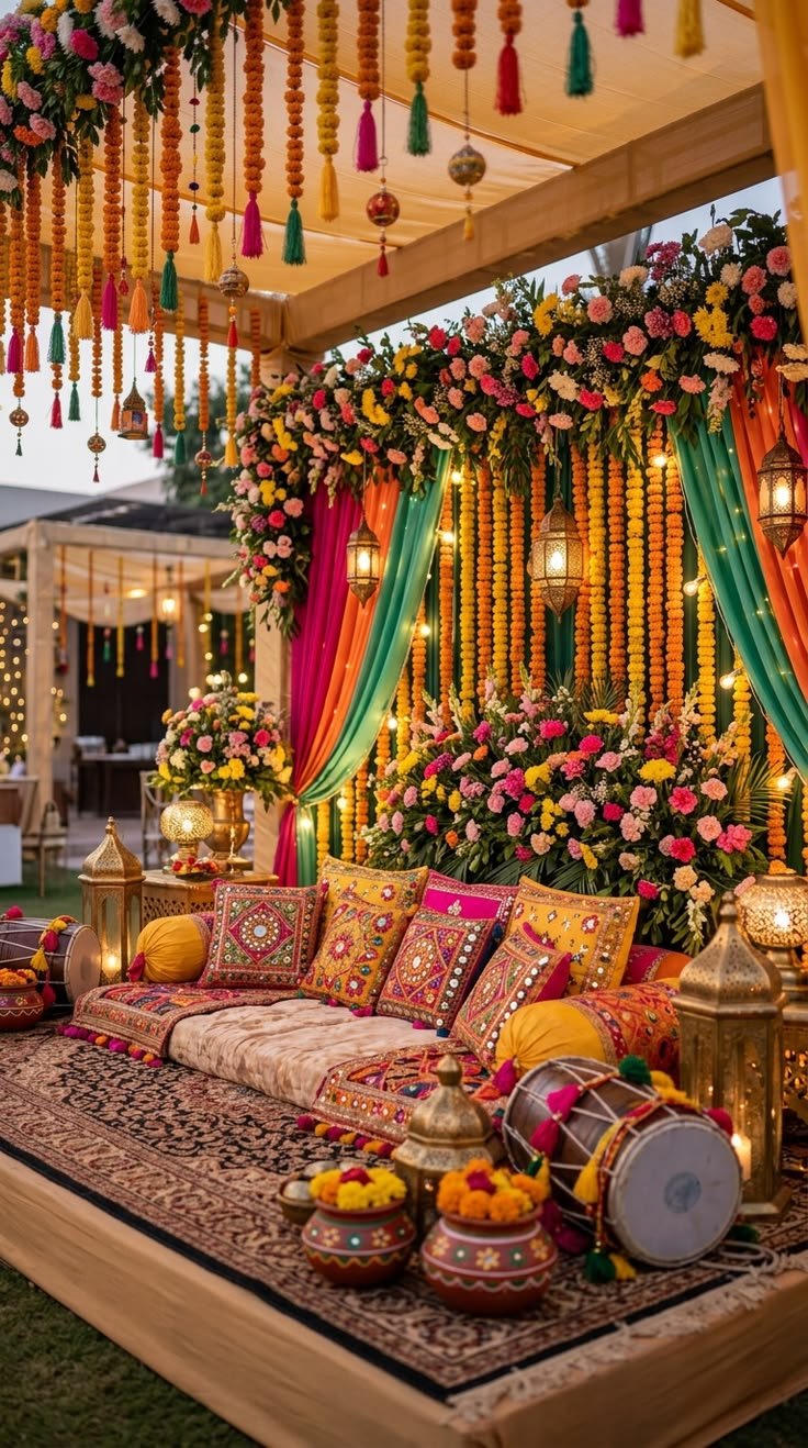 Mehendi seating with lanterns